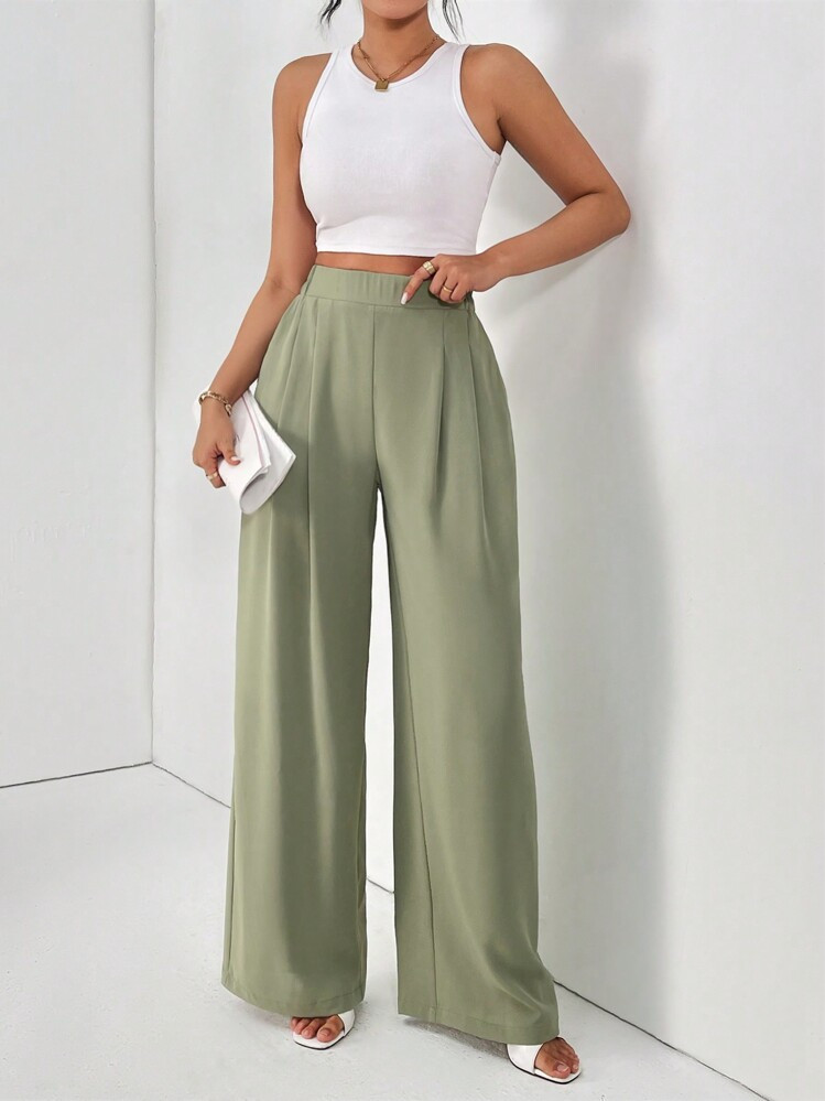 SHEIN Frenchy Women Dress Pants Uniform Pants Teacher Pants Ladies' Commuting Black Striped Elastic Waist Wide Leg Trousers With Double Pockets Winter Green Casual Christmas | SHEIN