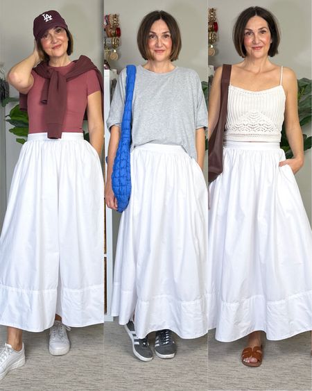 Outfit ideas for a full skirt! 
This skirt is lined, has pockets, fits tts and is so versatile! Also comes in black and floral. I’m 5’ 7 size 4ish wearing size S. Only available for Canadian shipping so I linked several similar skirts.
Left: wearing my usual small in the pink fitted tee and burgundy pullover. Sneakers also fit tts
Middle: wearing small in this wide slouchy tee from Amazon. Bag is also Amazon and comes in lots of colors. Adidas Gazelles fit big, in men’s sizes I go down 1.5, in women’s 1/2 size.
Right: this crochet top is new and so pretty, I’m wearing S. Sandals for small, I went up 1/2 size 


#LTKStyleTip #LTKShoeCrush #LTKWorkwear