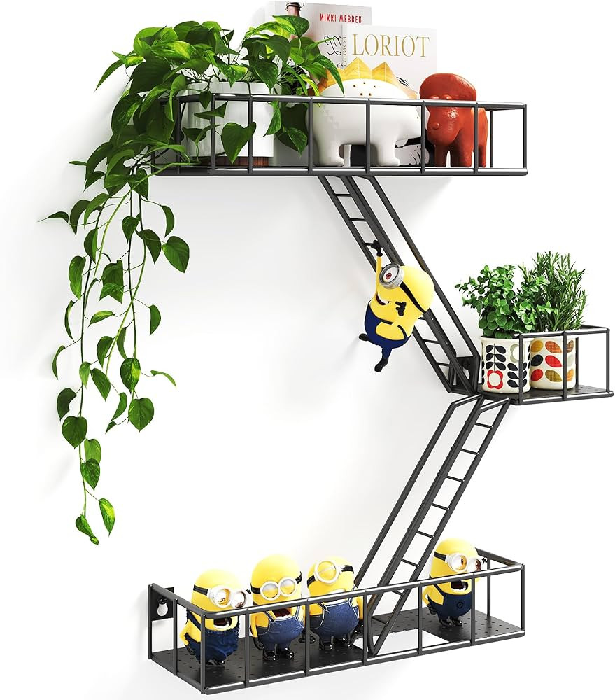 Metal Fire Escape Ladder Shelf Wall Storage, 3-Tier Black Fire Escape Wall Shelves with Baskets, ... | Amazon (US)