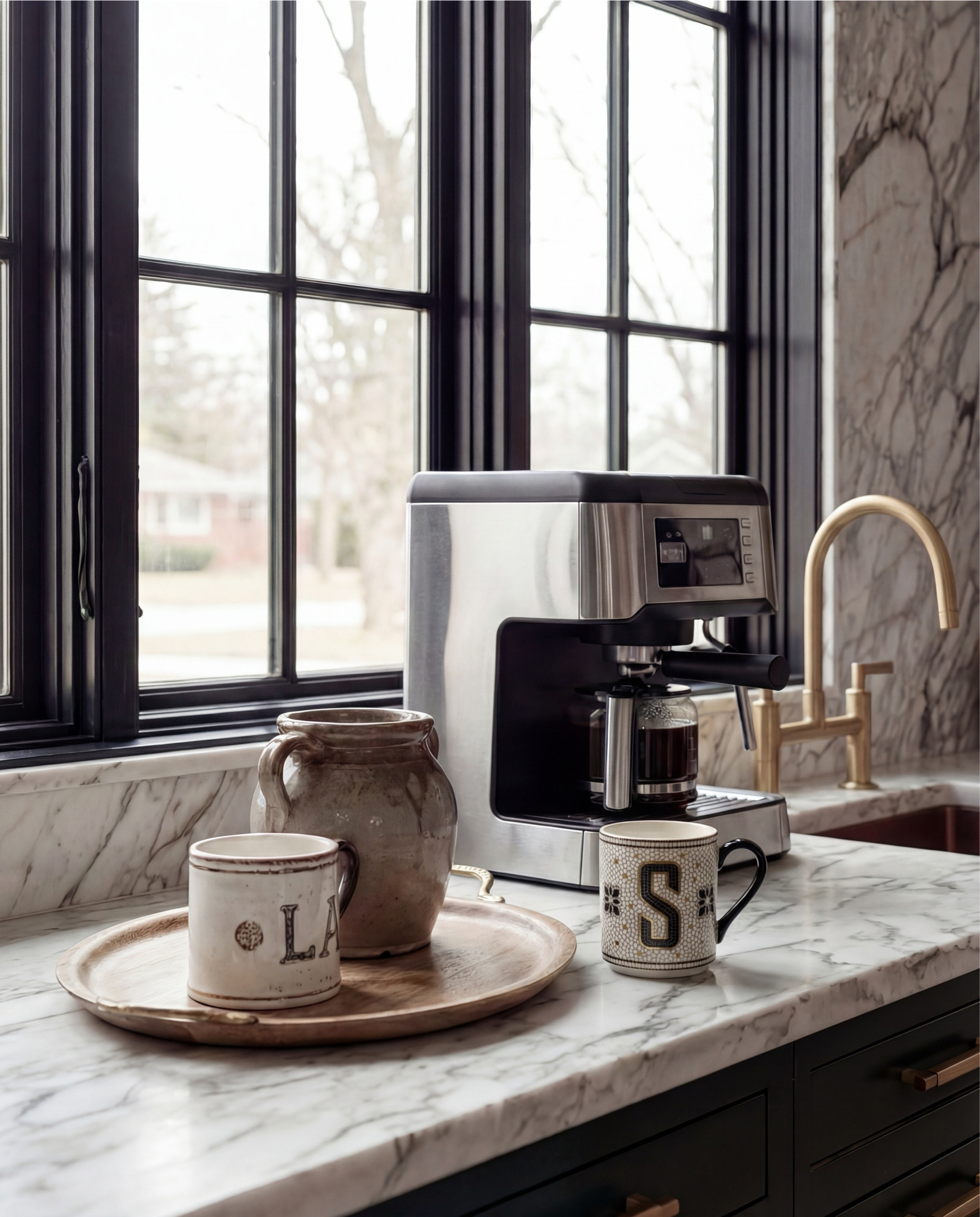 Shop the Look:
• Deep green paneled cabinetry
• Brass cabinet pulls + knobs
• Marble countertops (soft gray veining)
• Glass-front upper cabinets
• Built-in beverage/wine fridge
• Vintage-style runner rug (neutral tones)
• White globe pendant lights
• Exposed wood ceiling beams
• Open wood shelving
• Clear glassware set
• Ceramic vase with branches
• Countertop coffee machine
• Stoneware mugs + tray
• Light wood flooring
• Arched doorway with framed artwork
• coffee machine
• brass gold faucet 
• green vase
• letter bistro cup 
• globe pendant light 
Brass wall sconce 
Brass hand pulls

#LTKHome #LTKSaleAlert #LTKFindsUnder100