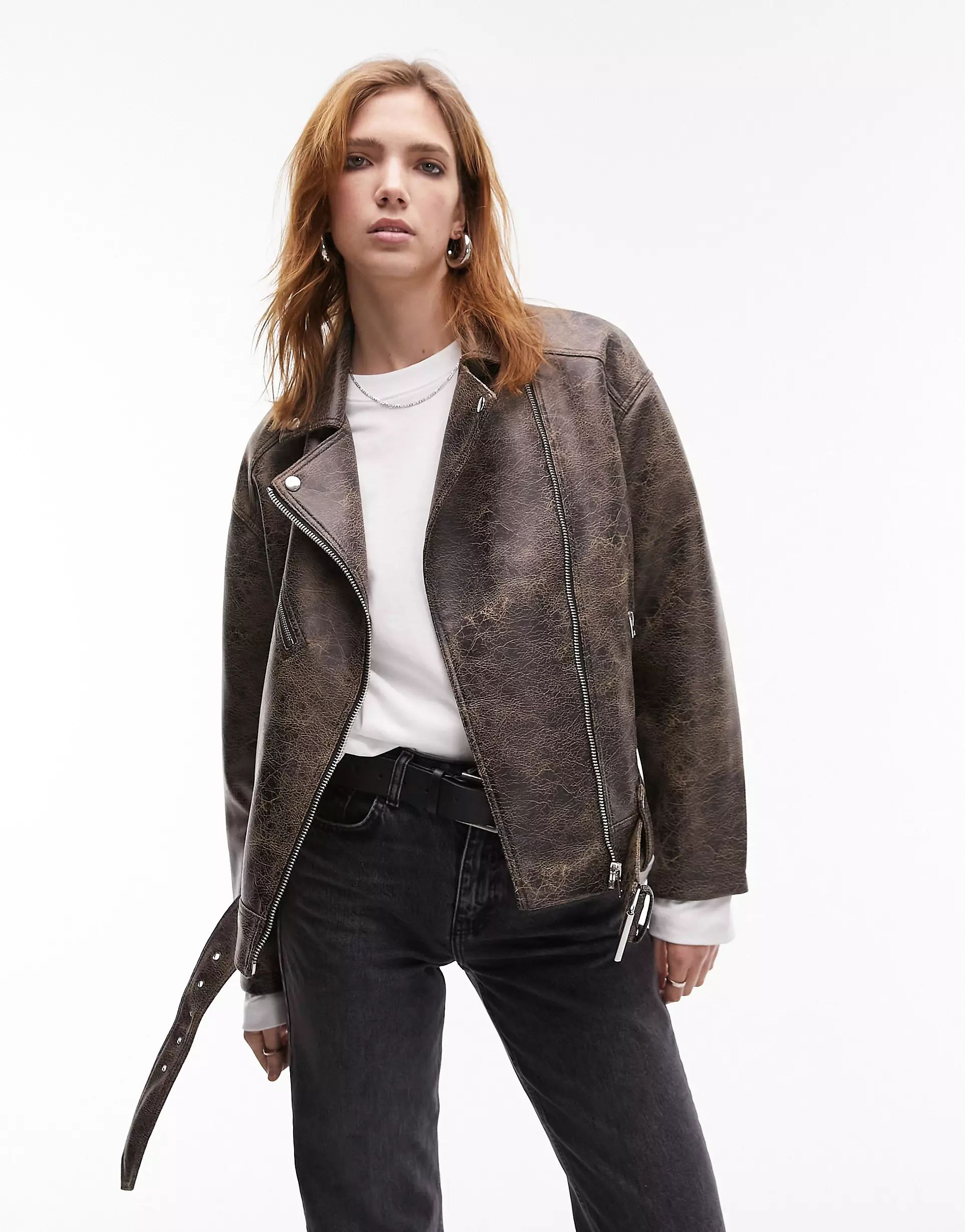 Topshop faux leather washed look oversized biker jacket in brown | ASOS (Global)