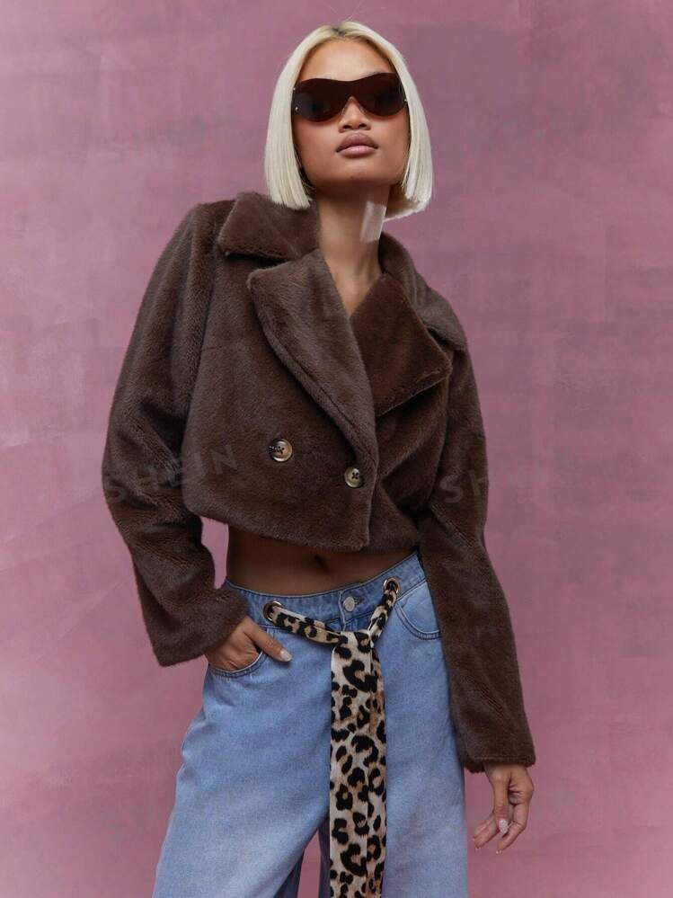 MISSGUIDED Chaqueta corta de cuello de solapa de doble botonadura con mangas largas y de piel sin... | SHEIN