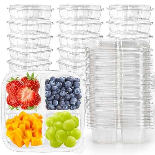 Peohud 50 Pack Clear Bento Snack Containers, 4 Compartment Food Storage Containers, Reusable Meal Prep Containers, Plastic Divided Bento Boxes with Lids for Lunch, Work, Travel | Amazon (US)