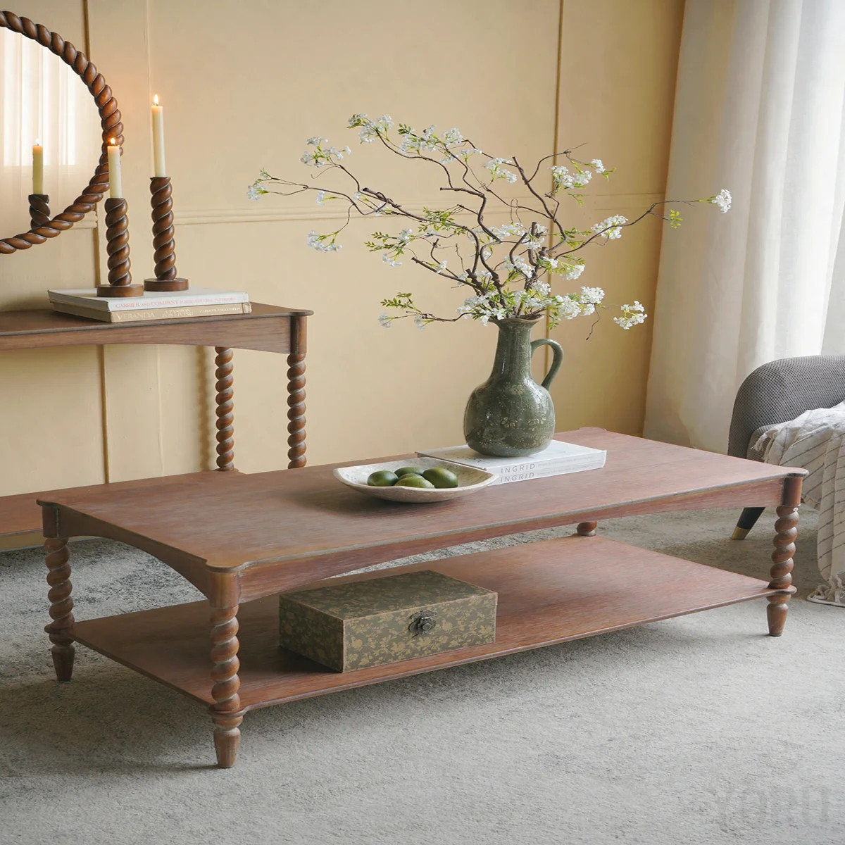 47" X 22" X 18.5" Rustic Brown Wood Coffee Table - Turned Spiral Legs, Lower Shelf | Wayfair North America