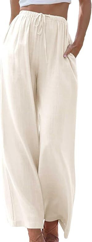 Duyang Womens Cotton Linen Palazzo Pants Drawstring Elastic Waist Casual Wide Leg Trousers with P... | Amazon (US)
