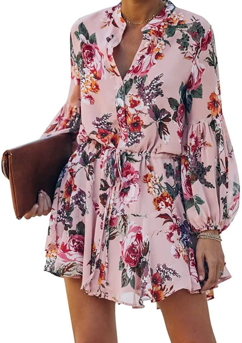 Clarisbelle Women's Long Sleeves Button up Tie Waist Floral Chiffon Dress | Amazon (US)