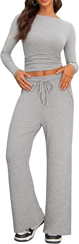 2 Piece Lounge Sets for Women Long Sleeve Top Wide Leg Pants Casual Matching Tracksuit | Amazon (US)