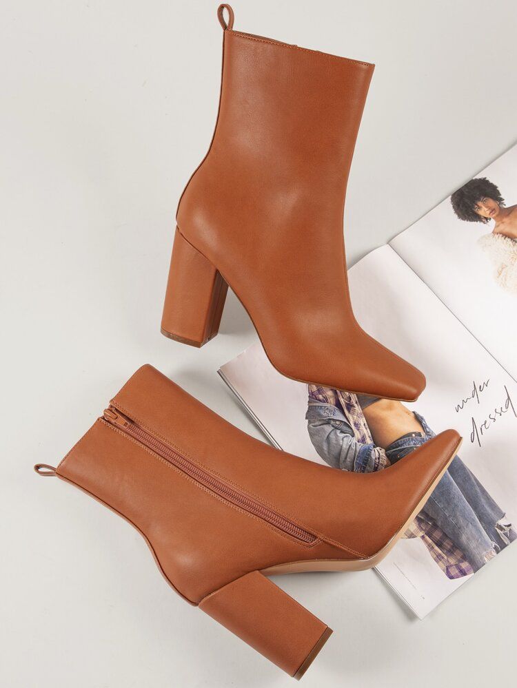 Vegan Leather Zip Up Square Toe Booties | SHEIN