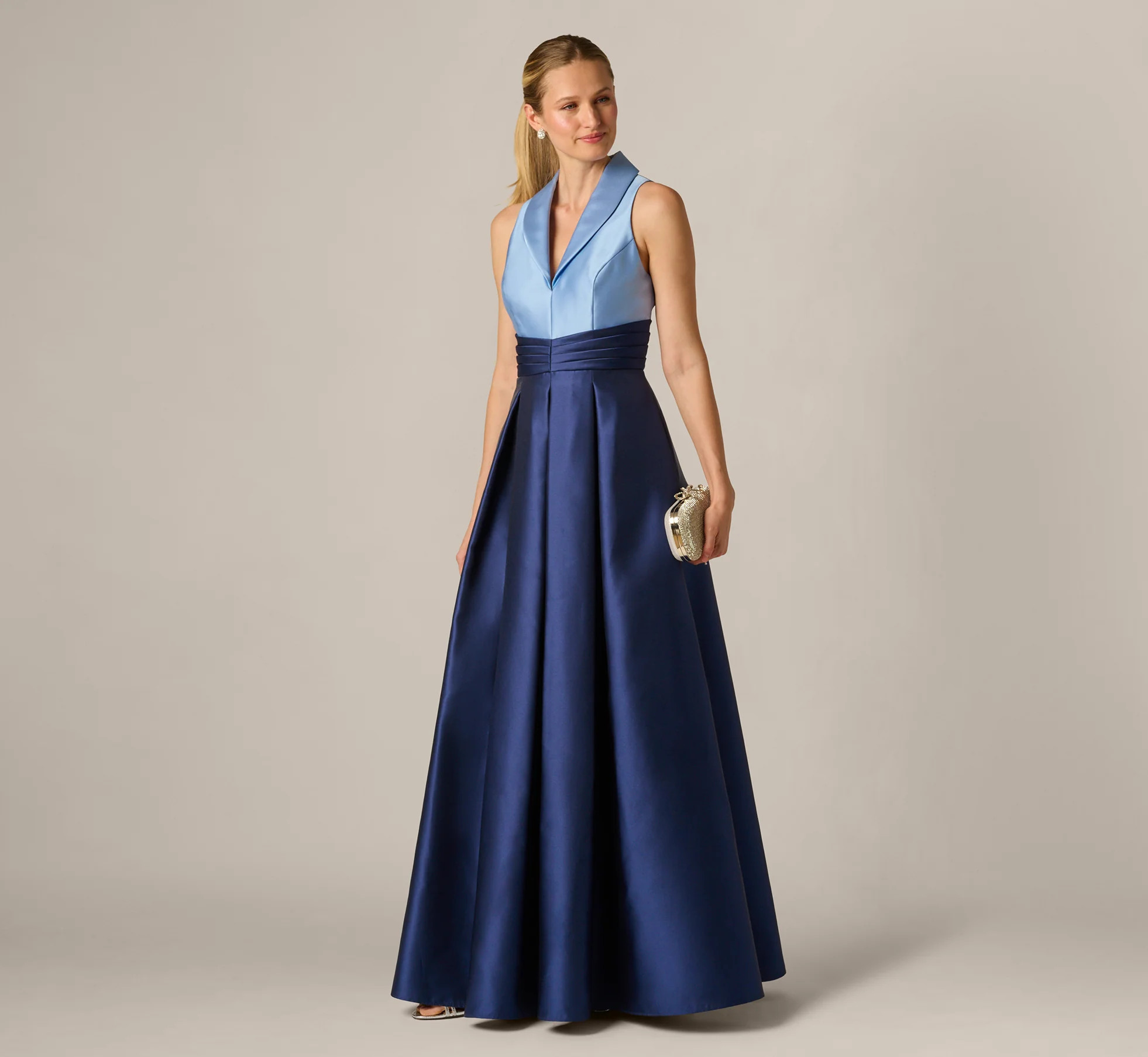 Blue Sleeveless Color Block Tuxedo Ballgown - Adrianna Papell | Adrianna Papell