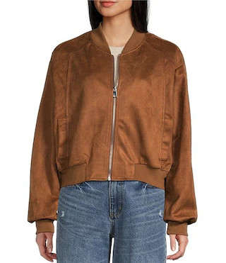 Suede Collared Full Zip Bomber Jacket | Dillard's