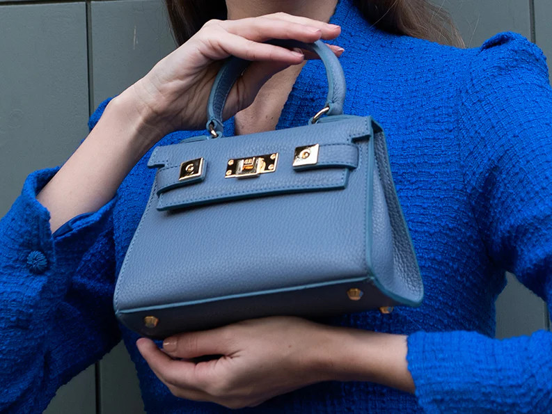 Maya Mignon Caribou Soft Grainy Print Calf Leather Handbag - Bluebell | Lalage Beaumont