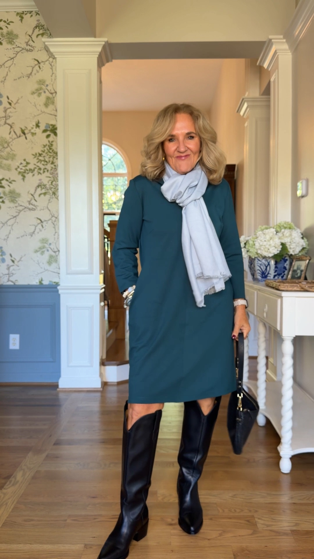 @Quince Ponte Knit dress size medium 
Gorgeous tall black leather boots size up 1/2 
Silk cashmere scarf adds the pop of color.
Bracelet stack launches on the 8th.