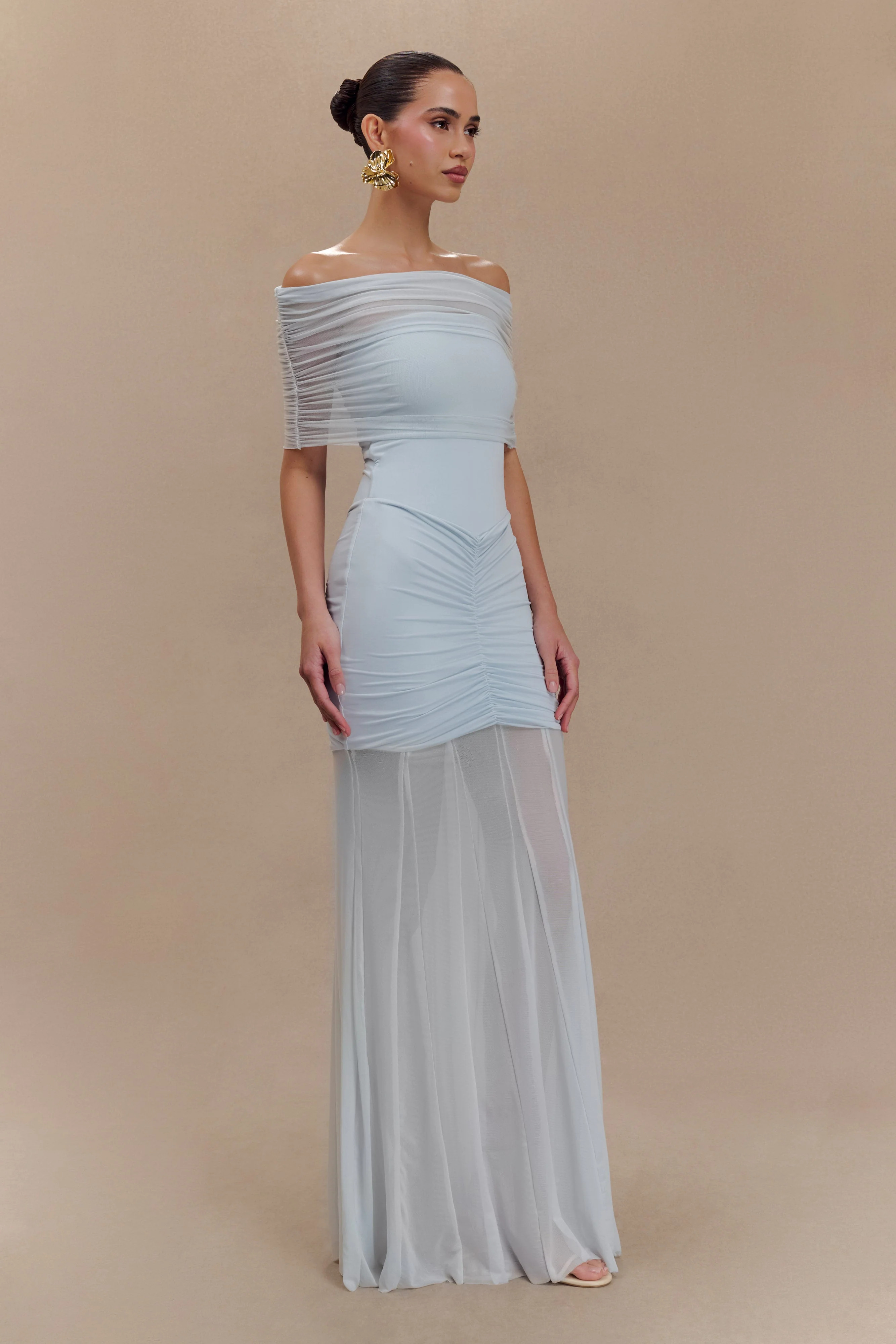 Caspian Slinky And Mesh Off Shoulder Maxi Dress - Pale Blue | MESHKI US