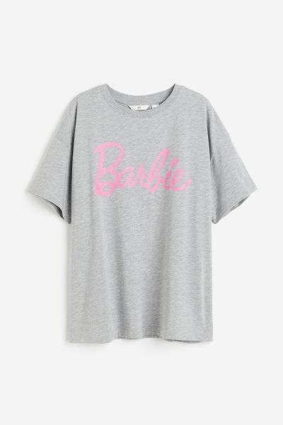 Oversized Printed T-shirt - Light gray melange/Barbie - Ladies | H&M US | H&M (US + CA)