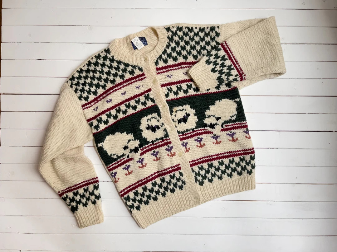 cute cottagecore sweater | 80s 90s vintage Woolrich green cream white wool sheep farm country sce... | Etsy (US)