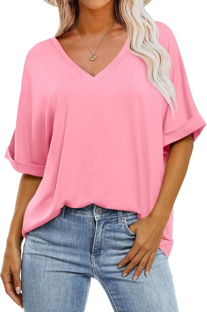 ANRABESS Women's Oversized T Shirts Short Sleeve V Neck Summer Tops Casual Loose Basic Plain Tee ... | Amazon (US)