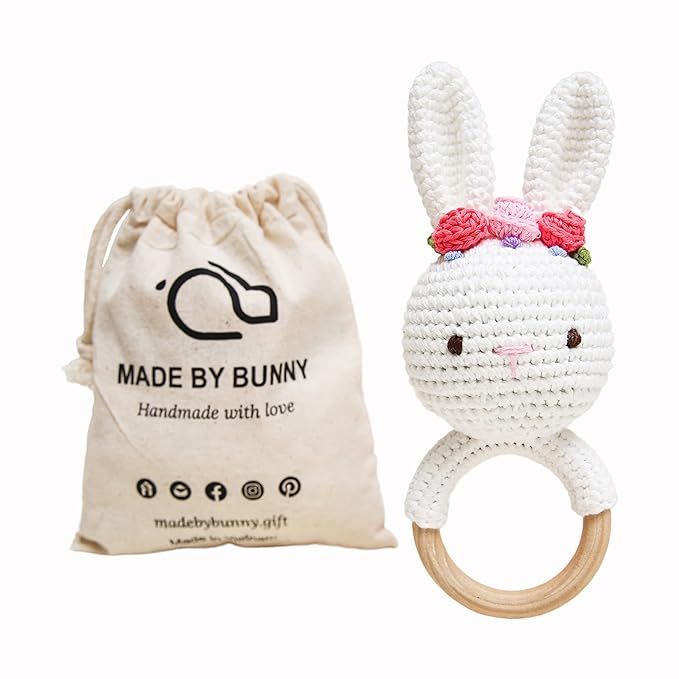 Bunny White Bunny rattles Toy for Young Children, Handmade Woolen Toy with Strict Quality Testing... | Amazon (US)