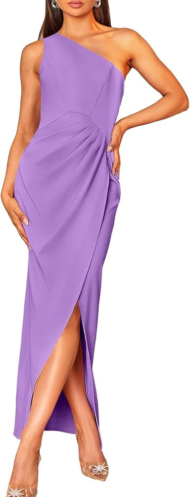 Caracilia Women's 2024 One Shoulder Sleeveless Cocktail Dress Sexy High Slit Ruched Bodycon Weddi... | Amazon (US)