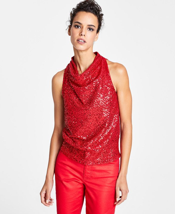 INC International Concepts Sequin Shine Halter Top, Created for Macy's & Reviews - Tops - Women -... | Macys (US)