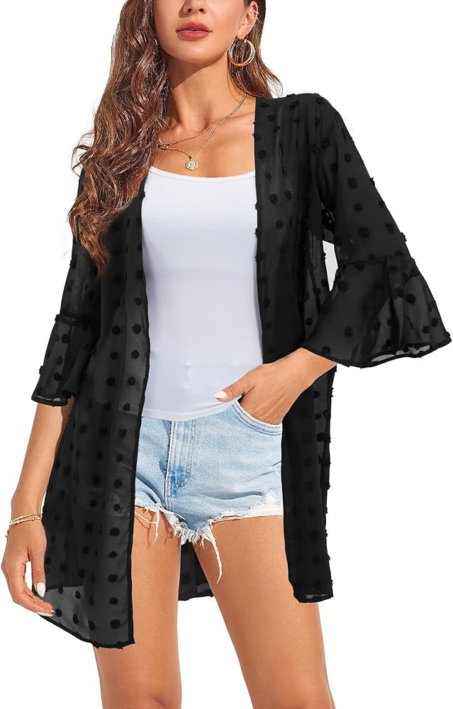 LAISHEN Women's Swimsuit Coverup 3/4 Sleeve Kimono Cardigan Chiffon Sheer Bathing Suit Beachwear | Amazon (US)