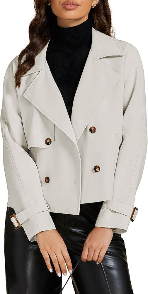 luvamia Cropped Trench Coat for Women Long Sleeve Double Breasted Notched Lapel Casual Loose Fit ... | Amazon (US)