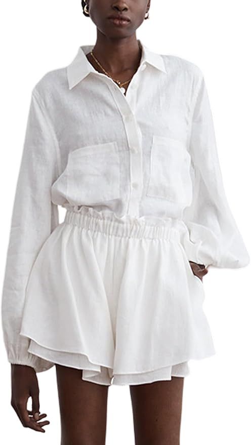 Yimoon Women's Casual 2 Piece Outfits Button Down Lantern Sleeve Shirt Double Flounces Shorts Cot... | Amazon (US)