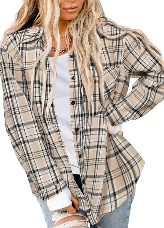 Asiertiy Womens Buffalo Plaid Flannel Shirt Button Down Blouses Tops XS-4XL | Flannel Plaid Long ... | Amazon (US)
