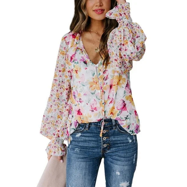 Dearlove Womens Boho Floral Print V Neck Shirt Blouses Casual Puff Sleeve Drawstring Tunic Tops P... | Walmart (US)
