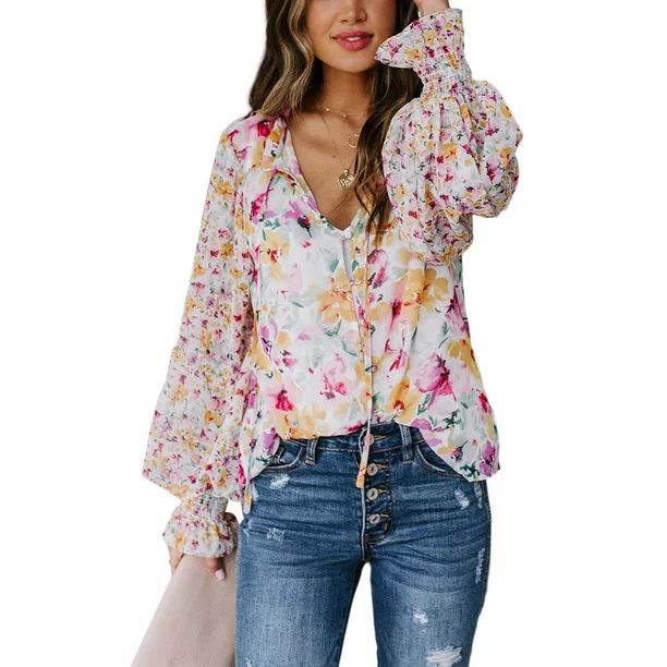 Dearlove Womens Boho Floral Print V Neck Shirt Blouses Casual Puff Sleeve Drawstring Tunic Tops P... | Walmart (US)