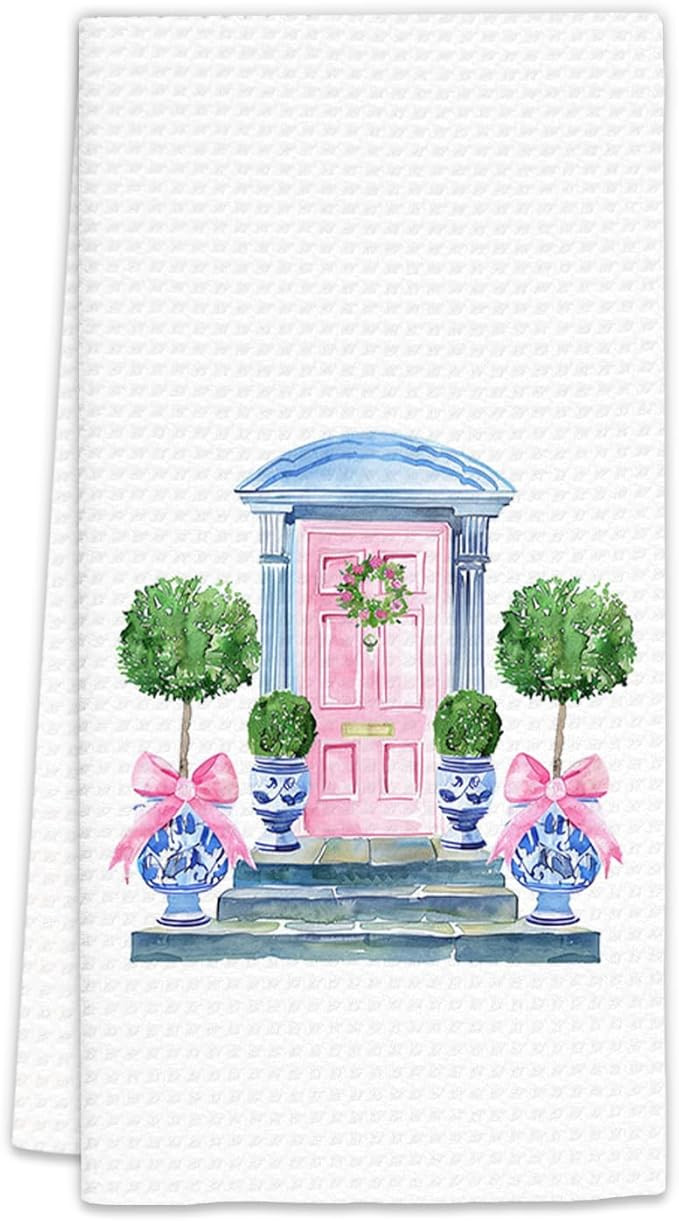 Blue and White Chinoiserie Decor Kitchen Towels, Pink Bow Door House Dish Towels, Topiary Tree De... | Amazon (US)