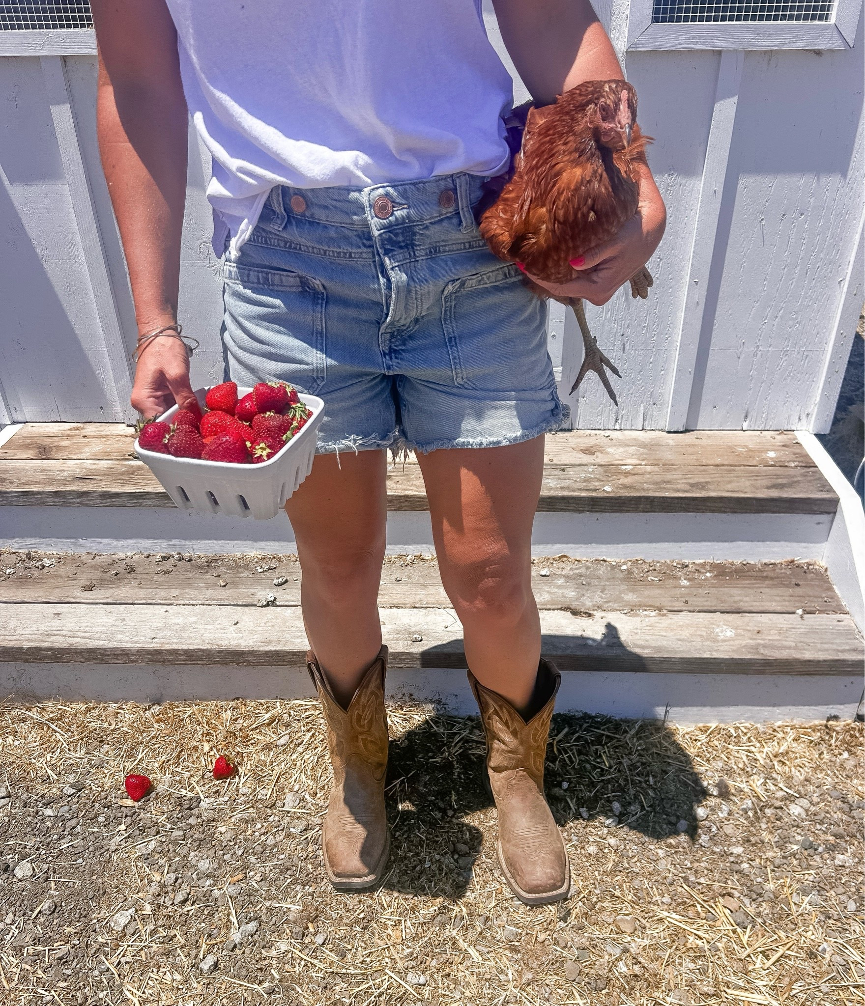 California Farmer 🌻 Free People, chickens & boots! These Justin boots are actually men’s size. I steal my son’s size 7 and make it work! Free People Palmer shorts are last season but linked a few from the used market. Also wearing a FP oversized t-shirt in a  S! #fashion #farm

#LTKdayinmylife #LTKWorkwear #LTKootd