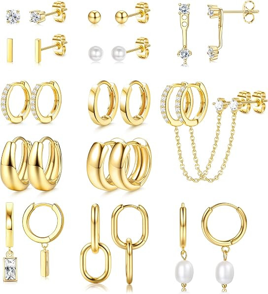 BESTEEL 13 Pairs Small Stud Hoop Earrings Set for Women, Gold Earrings Pack | Amazon (US)