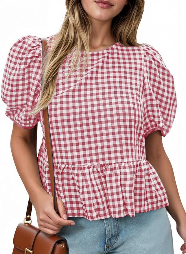 Cicy Bell Womens Puff Sleeve Gingham Blouse Summer Ruffle Peplum Babydoll Tops Cute Plaid Cotton ... | Amazon (US)