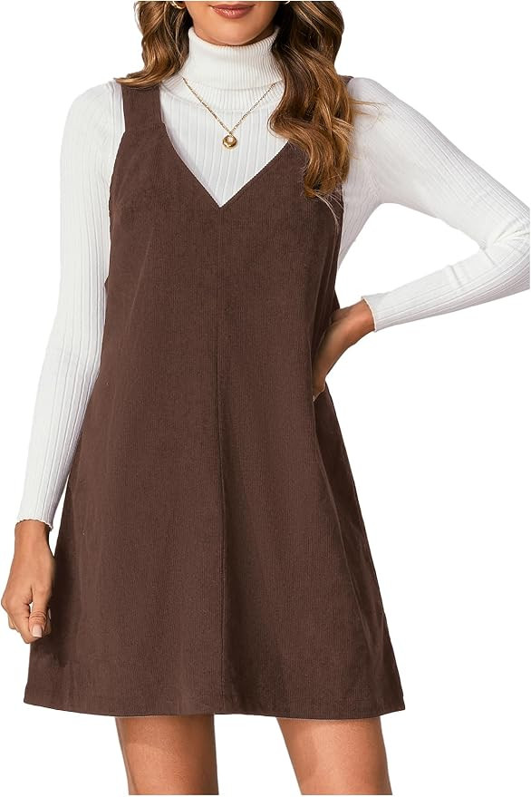 Milumia Women's V Neck Corduroy Overall Dress Mini Pinafore Jumper Dress | Amazon (US)