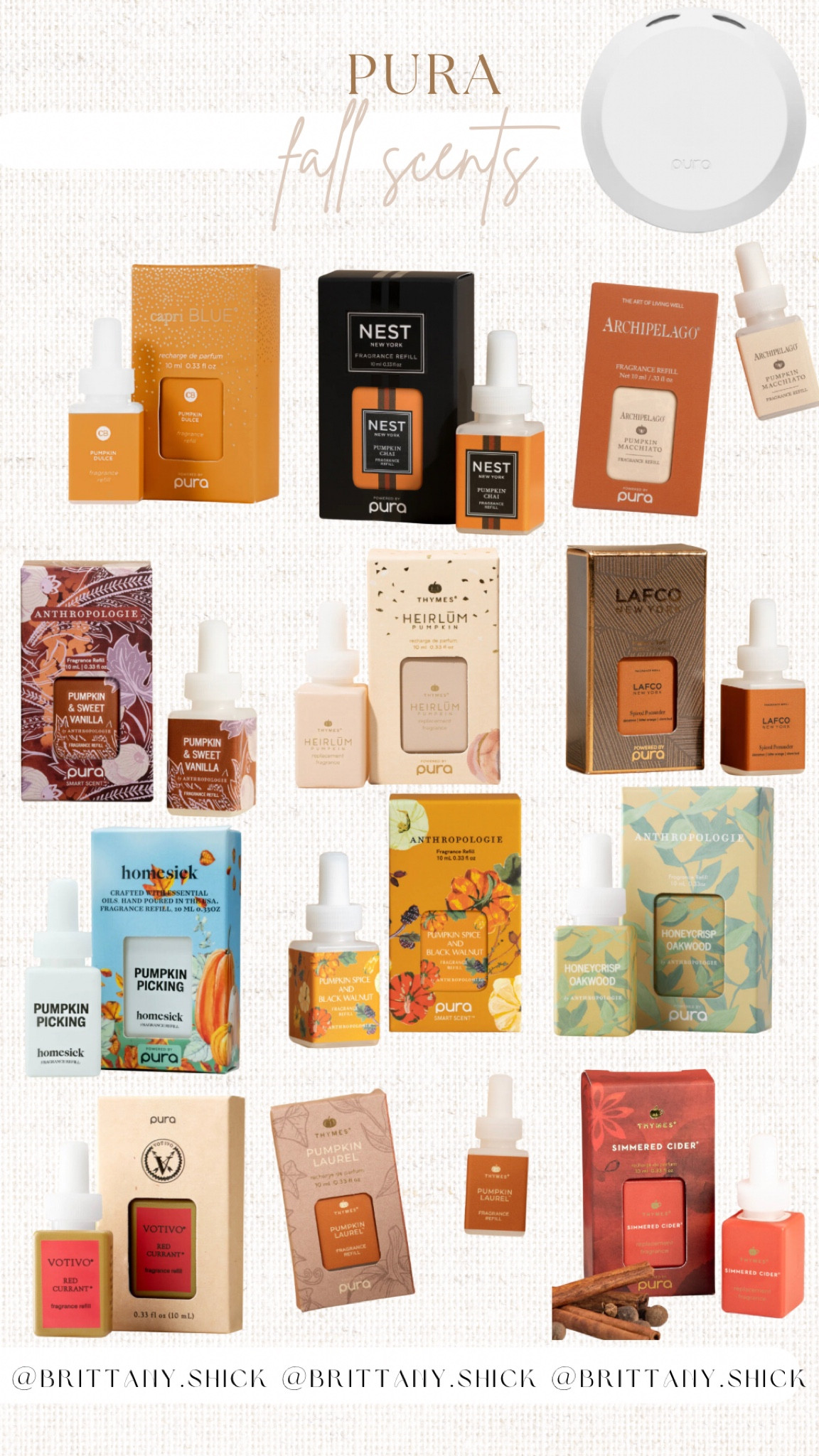 Pura Labor Day Sale - Pura 4 Set BOGO
Pura 3 Set 50% Off 
Fall Scents Pumpkin Chai Cider Nest Anthropologie Capri Blue Homesick Red Currant 