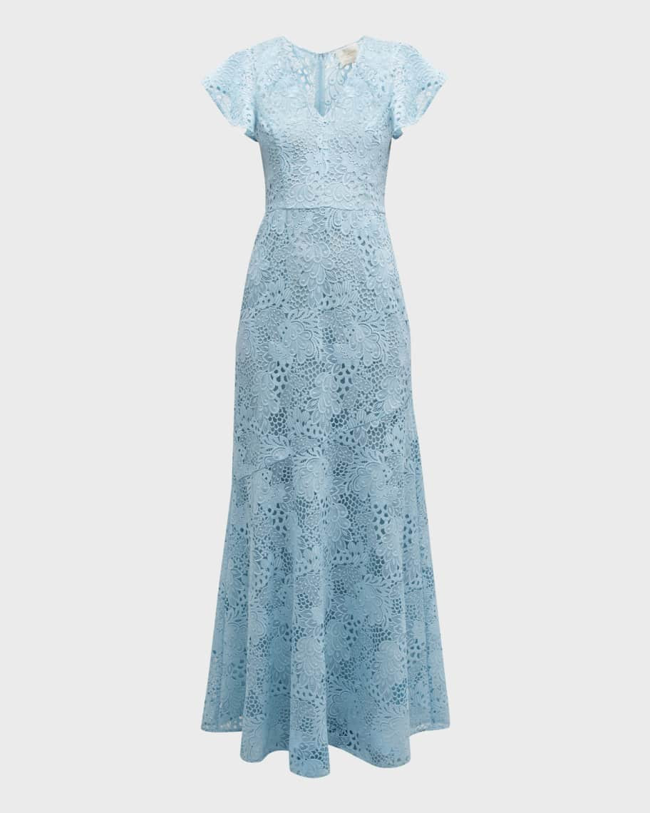 Shoshanna Short-Sleeve V-Neck Lace Maxi Dress | Neiman Marcus