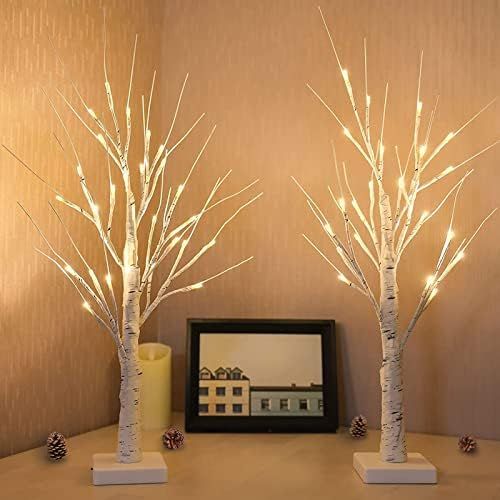 2-Pack Lighted Birch Tree for Tabletop, 2FT Birch Christmas Tree with Lights, 24 LEDs Warm White ... | Amazon (US)