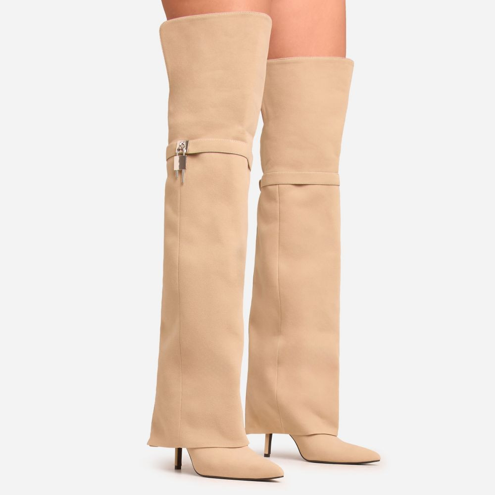 High-Standard Padlock Detail Stiletto Heel Over The Knee Thigh High Boot In Beige Faux Suede | EGO Shoes (US & Canada)
