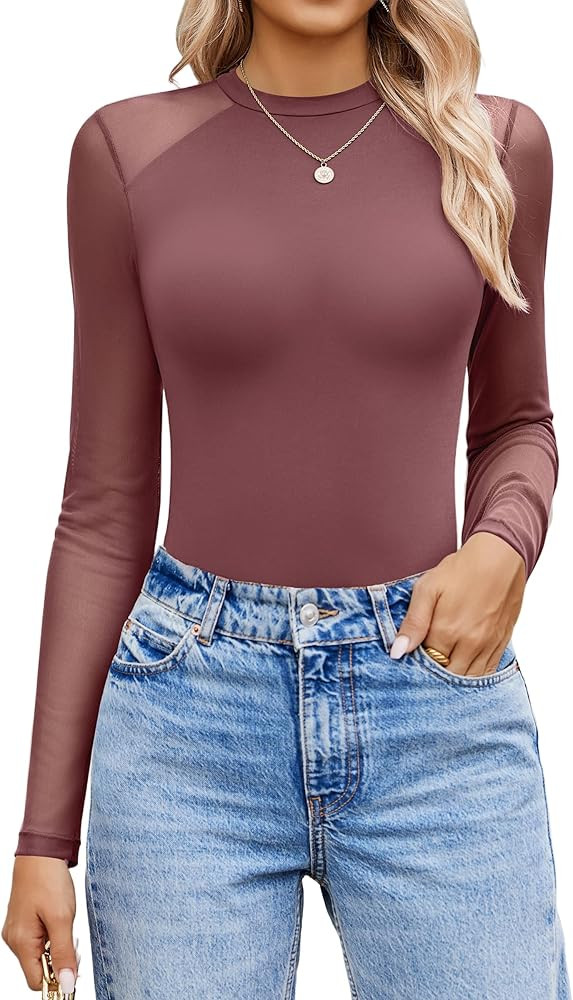 Avidlove Women Long Sleeve Bodysuit Crew Neck Body Suits Mesh One Piece Leotards Shirt Going Out ... | Amazon (US)
