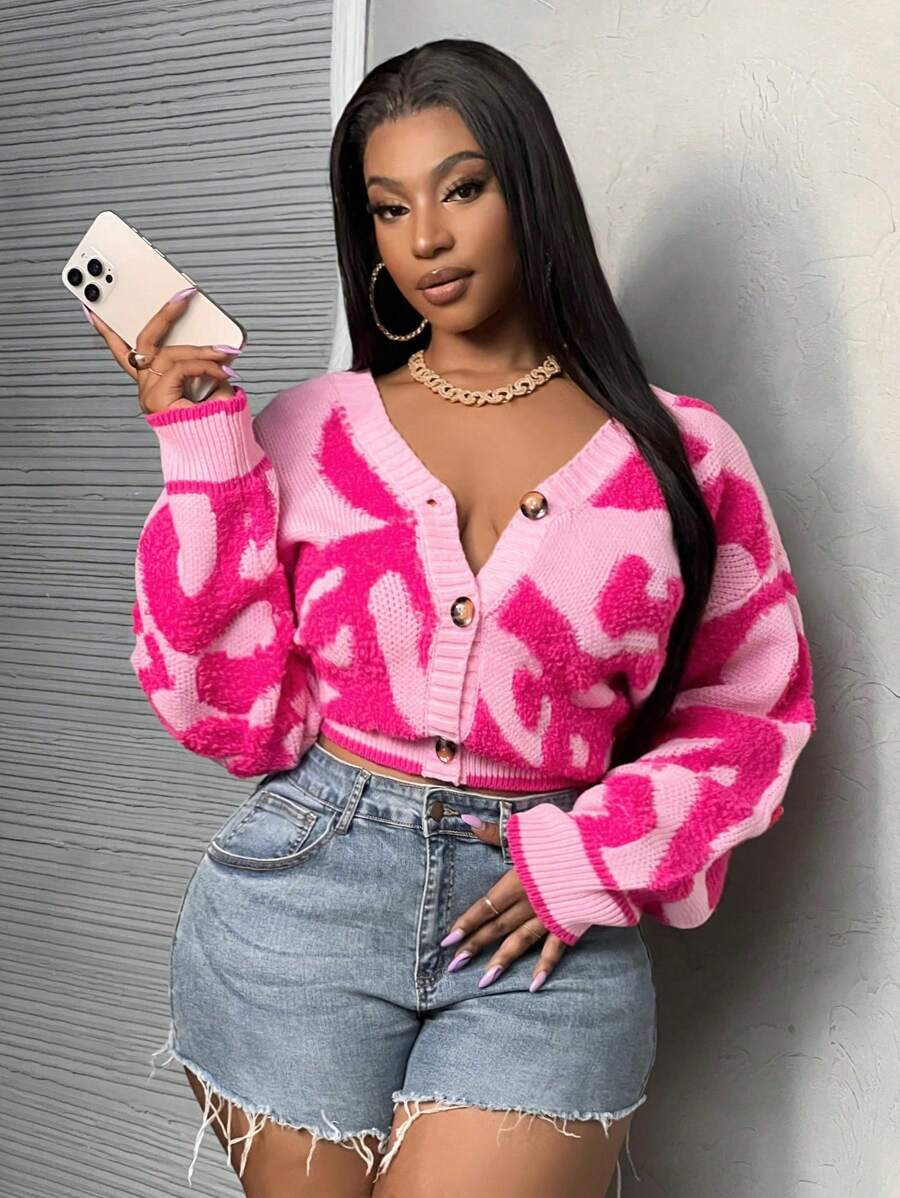 SHEIN Slayr Casual Fashion Plus Size Women 3D Pattern V-Neck Knitted Cardigan | SHEIN