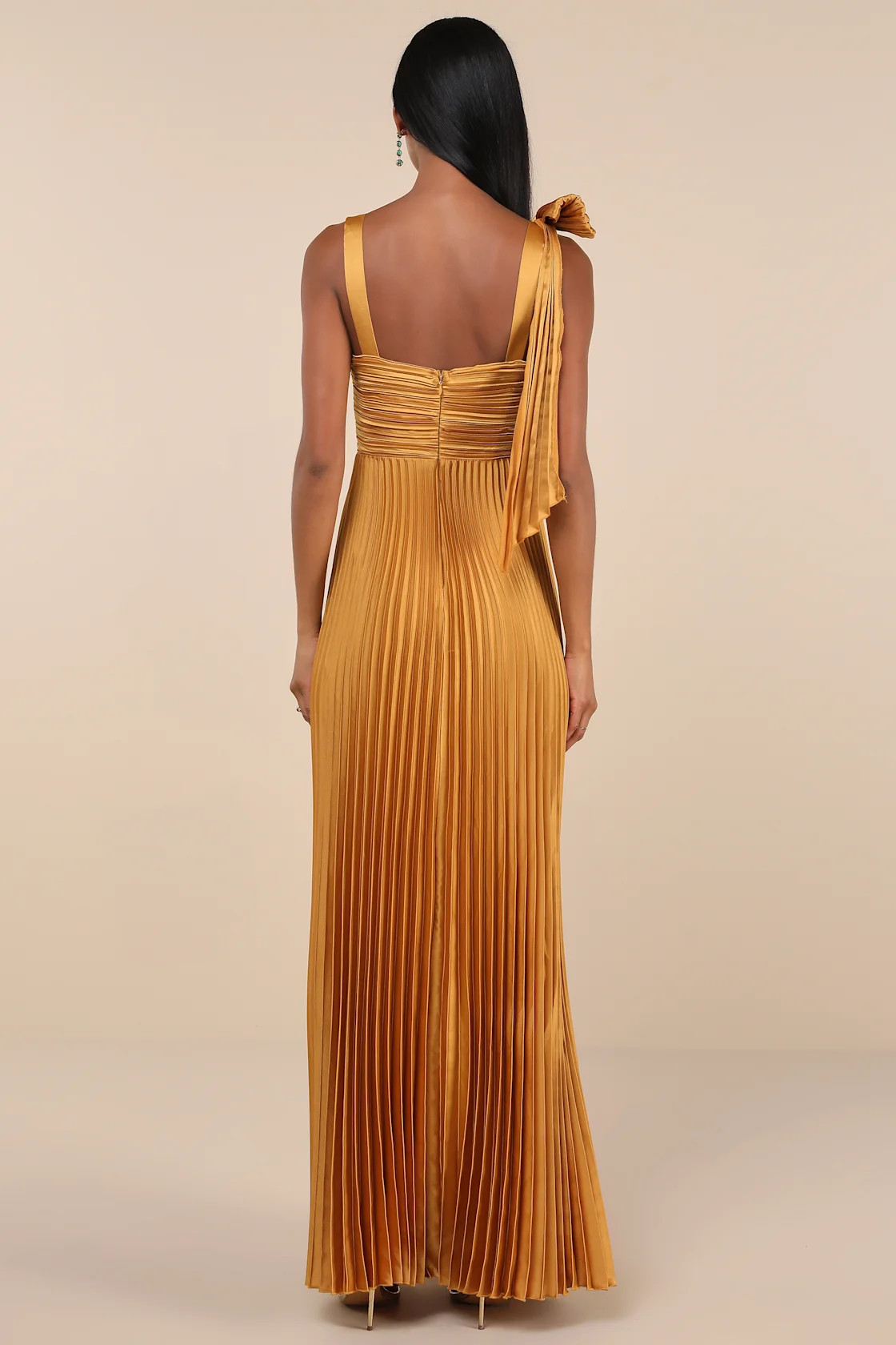 Gorgeous Purpose Gold Satin Pleated Sleeveless Bow Maxi Dress | Lulus
