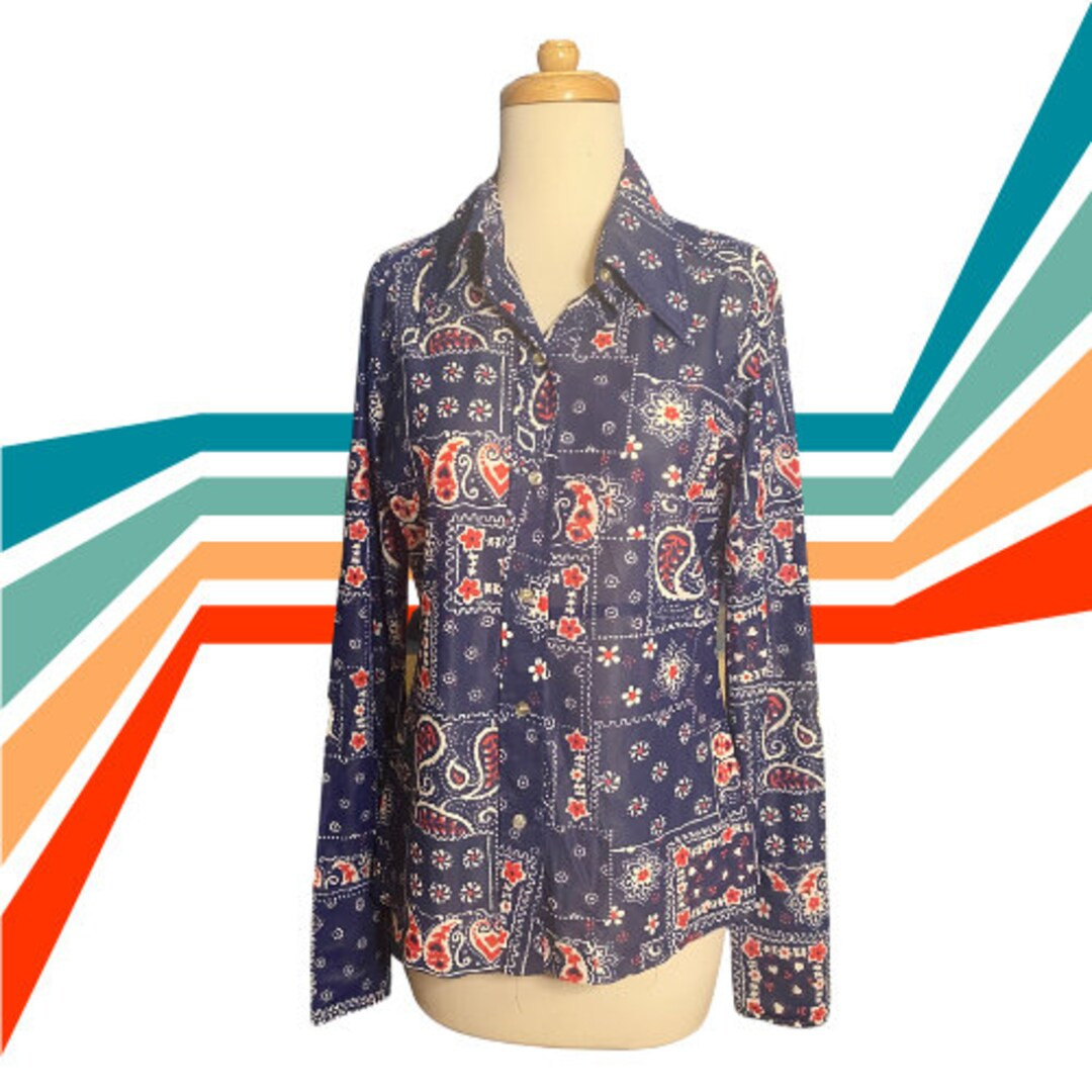 Vintage Sheer Lady Arrow Bandana Print Disco Shirt Button Down With Point Collar Retro 70s Fashio... | Etsy (US)