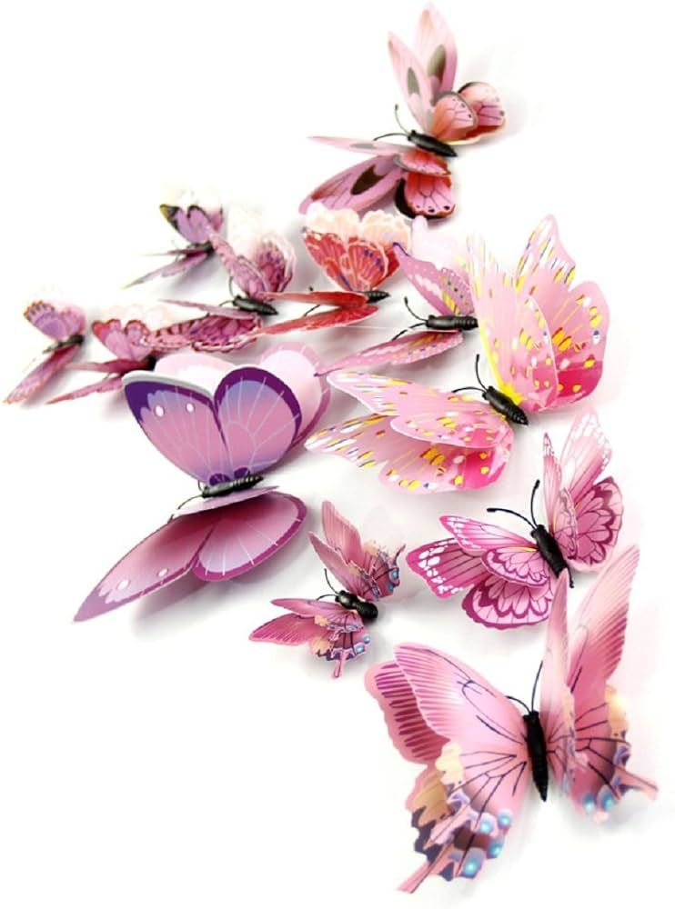 DaGou Mixed of 12PCS 3D Pink Butterfly Wall Stickers Decor Art Decorations | Amazon (US)