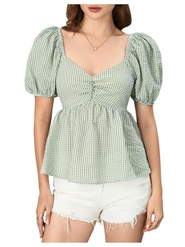 SweatyRocks Women's Puff Sleeve Plaid Gingham Ruffle Sweetheart Neck Peplum Shirt Top Blouse Light Green X-Small | Amazon (US)