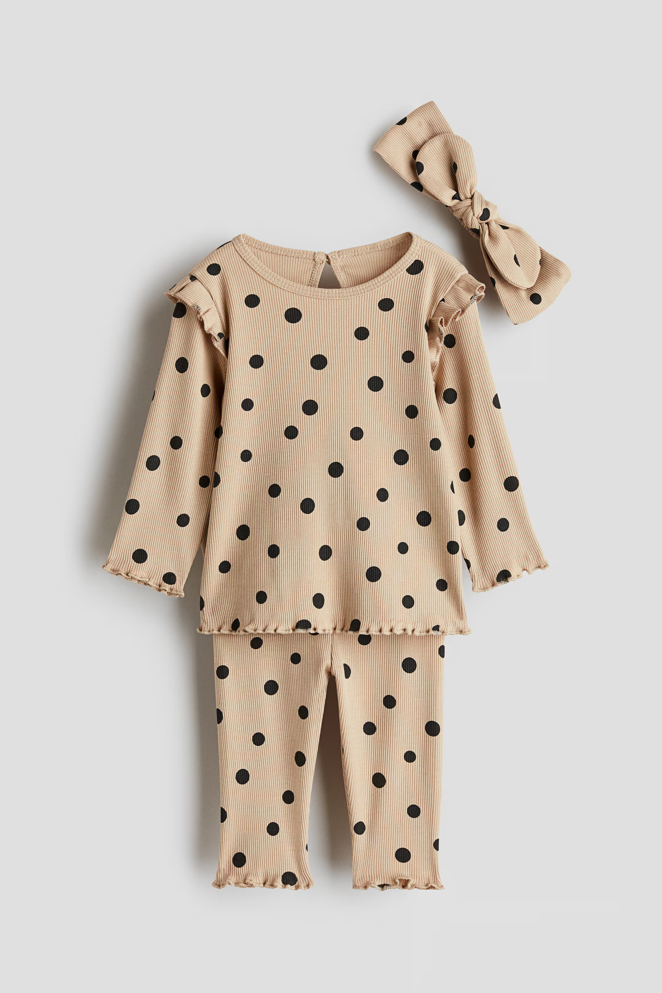 3-piece Ribbed Cotton Set - Regular waist - Round Neck - Beige/dotted - Kids | H&M US | H&M (US + CA)