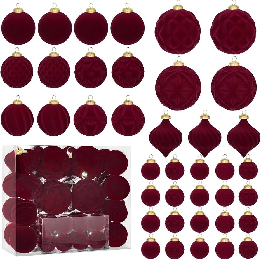 46PCS Velvet Christmas Ball Ornaments Set, Burgundy Flocked Shatterproof Xmas Tree Decor, Assorte... | Amazon (US)