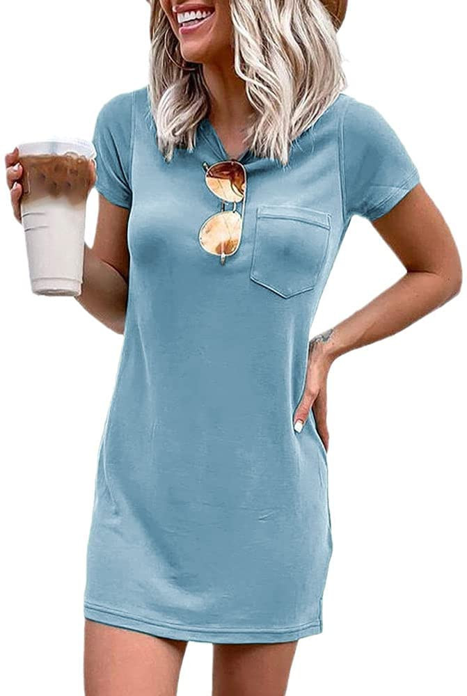 Ladiyo Women T Shirt Dress Summer Fashion Mini Fress Crew Neck Short Sleeve Dress Solid Color Cas... | Amazon (US)