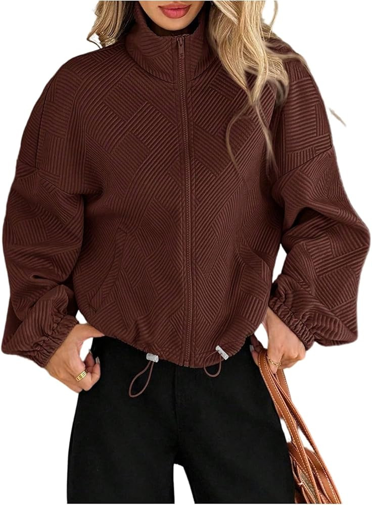 Verdusa Women's Cropped Mock Neck Sweatshirt Zip Up Drawstring Drop Shoulder Jacket | Amazon (US)