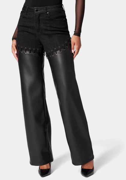 High Waist Denim Combo Vegan Leather Wide Leg Pant | Bebe