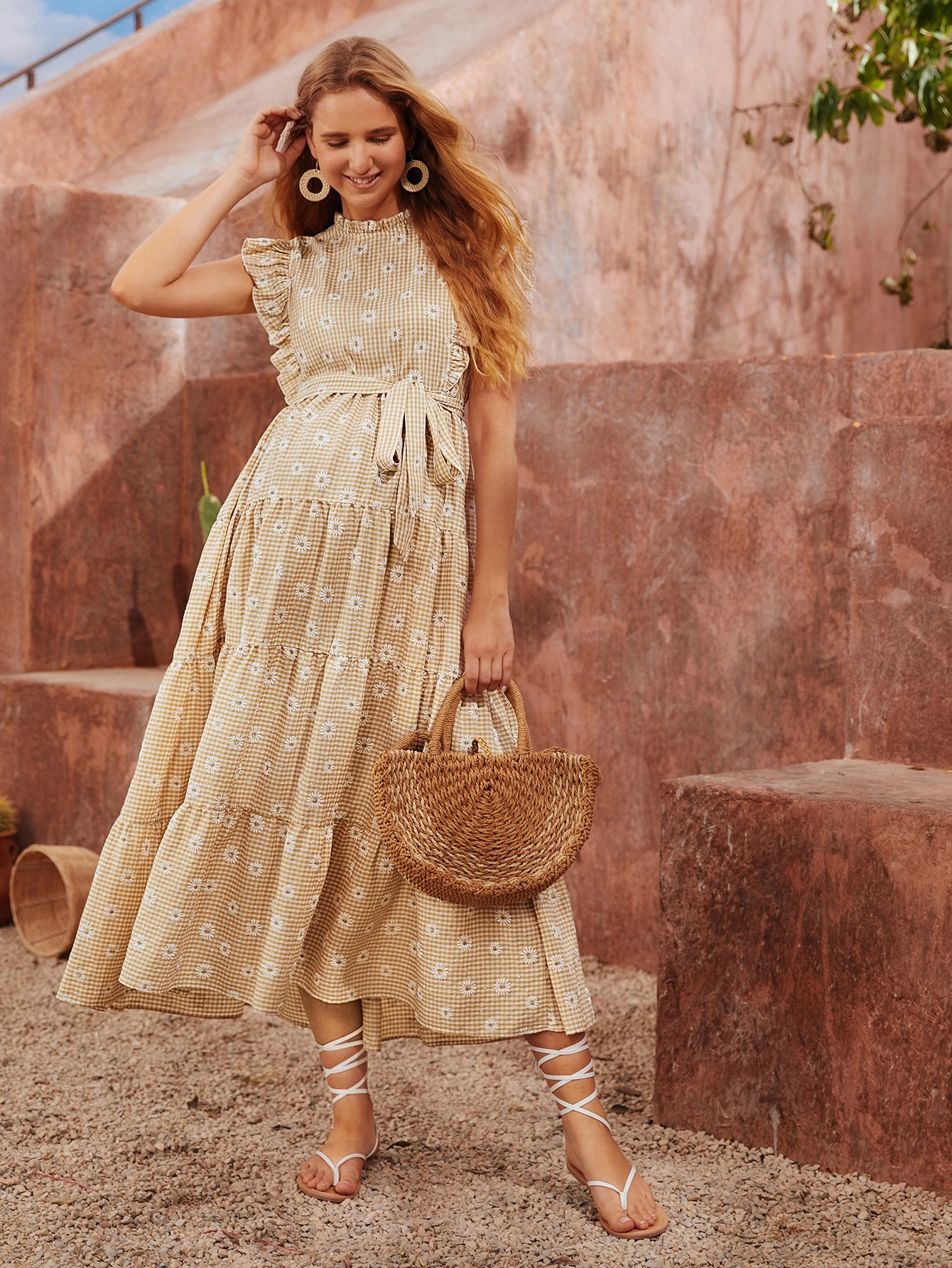 SHEIN Maternity Mock Neck Ruffle Trim Daisy Floral & Gingham Belted Dress | SHEIN